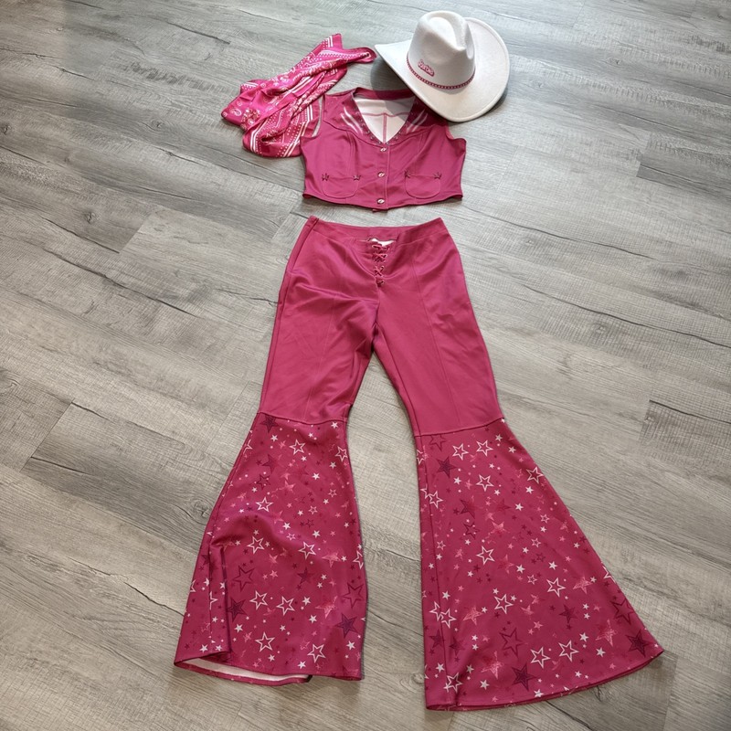 Naywig Cowgirl Outfit Costume Pink Flare Pant Halloween Cosplay +Barbie Hat Med