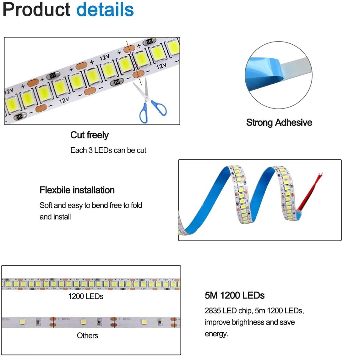 12V LED Strip Lights, 240 LEDs/M, Total 1200 LEDs White 6000K 16.4 ft Light S...