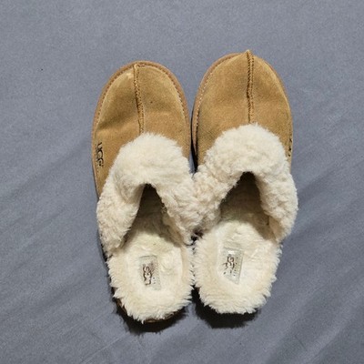 UGG Scuffette II Slippers Women Size 8 Chestnut Suede Sheepskin Fur Lined Slides