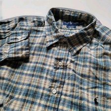 Ralph Lauren Blake Shirt XXL Vintage Plaid Button Down Blue Yellow 100 Cotton