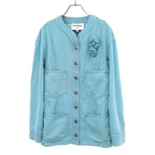 CHANEL 21ss Coco Mark Camellia Flower Brooch Denim Baseball Shirt Used MESC-0