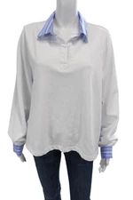 French Dressing Jeans Womens Cotton Striped Collared Blouse Top Blue Size L