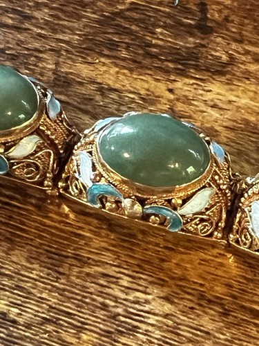 Vintage Chinese Export Sterling Silver Blue Enamel Jadeite Filigree Bracelet - Picture 12 of 12