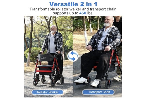 Silla de transporte con andador 2 en 1 StrollAid 2025 resistente 450 libras roja - Imagen 2 de 6
