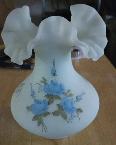 Vintage Fenton Hp Satin Custard Glass 7"Fenton Ruffled Edge Vase by S. Katz