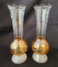 2 Vtg 9" Vases Clear & Iridescent Amber Glass Ruffled Gold Trim Frosted Base MCM