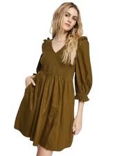 Madewell Flannel Lucie V-Neck Smocked Mini Dress Women’s Size M Green Babydoll