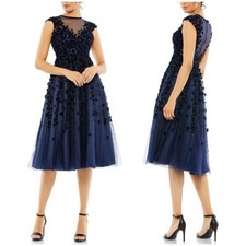 NWT Mac Duggal 67910 Floral Applique Tea Dress Fit Flare Illusion Neck Midnight