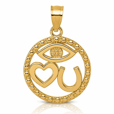 14k Gelbgold poliert Herz Böser Blick und Hufeisen im Kreis Anhänger