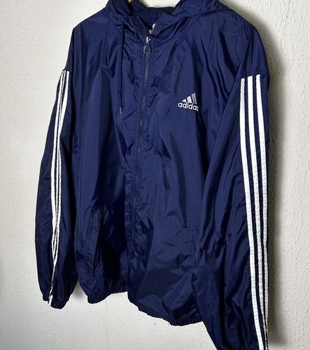ADIDAS Vintage 90s Jacket Size XL Navy Blue Stripe Logo Windbreaker Hooded