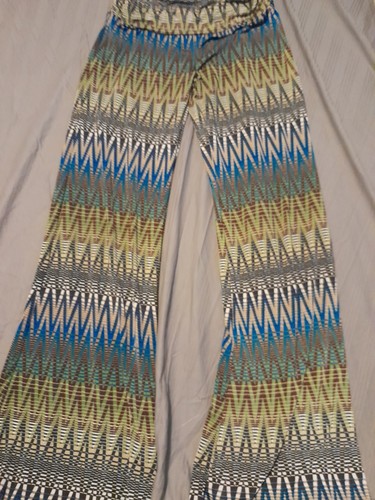 Boho Polyester Spandex Bell Bottom Wide Legs Stretch Pants Jr L Hippie Zigzag - Picture 1 of 6