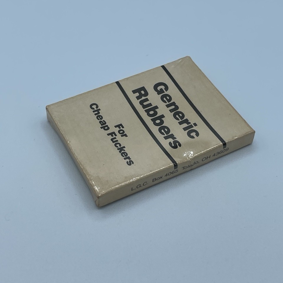 Still-sealed 1980s 'Generic Cheap Rubbers' gag box — a pitch-perfect parody of the era's no-frills generic brand packaging, now a collectible time capsule of '80s humor.