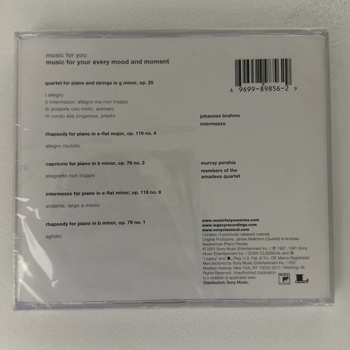 MURRAY PERAHIA AMADEUS QUARTET- Brahms: Intermezzo CD NEW SEALED - Foto 2 di 7
