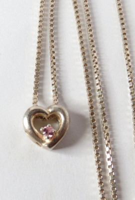 VINTAGE ''I LOVE YOU'' STERLINGSILBER ROSA STEIN HERZ ANHÄNGER HALSKETTE KETTE 17''