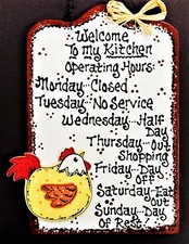 CHICKEN Kitchen Operating Hours SIGN Wall Hanger PLAQUE Country Rooster Decor