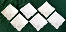 VTG Tea Napkin Handkerchief Set 6 White Swiss Style Flower Embroidery Scallop