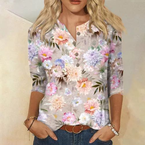 3/4 Length Sleeve Womens Tops Casual Loose Fit V-neck Shirts Floral Tunic Tops - Picture 31 of 51