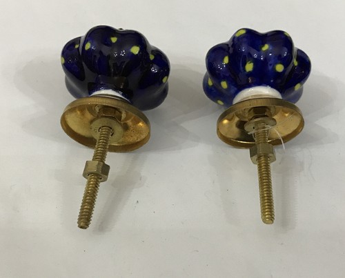 2 X Vintage Ceramic Door Knobs Pumpkin Style Drawer Pulls Cobalt Blue Gold Spots - Picture 2 of 7