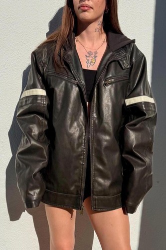 Oversized VTG MENS Faux Leather Biker Jacket Sleeve Stripes Hood Black Moto XL - Picture 3 of 9