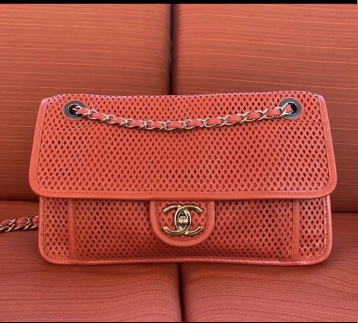 VERIFIED Authentic CHANEL Red Perforated Calfskin Leather Jumbo Flap Bag