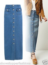 NUOVO donna lungo blu lungo con bottoni jeans gonna maxi taglia 8 10 12 14 16