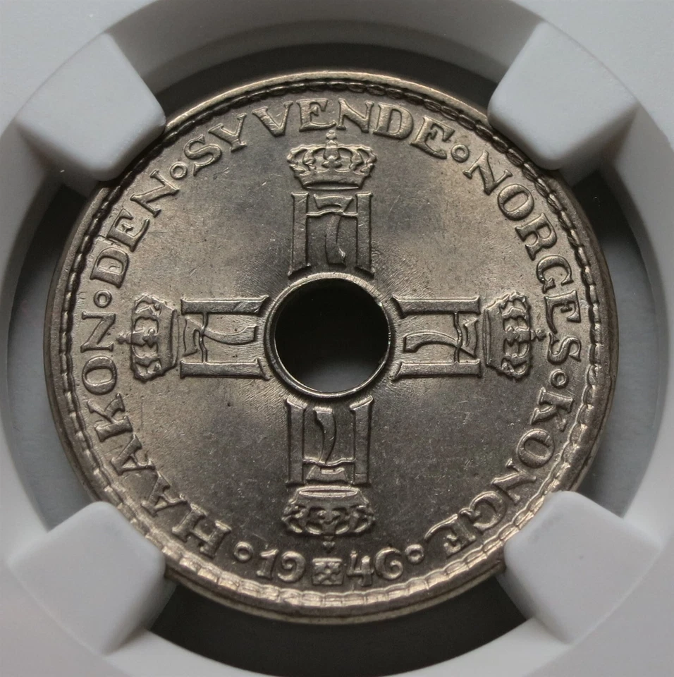 NORWAY Kingdom 1 krone 1946 NGC MS 64 UNC King Haakon VII Nickel Crown Holed - Image 4 of 4