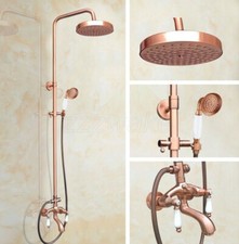 Antique Red Copper Bathtub Shower Faucets Set W/ Hand Shower Dual Ceramic Handle