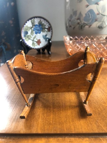 Vintage Miniature Dollhouse Stained Wood Baby Bed Rocking Cradle Crib ...