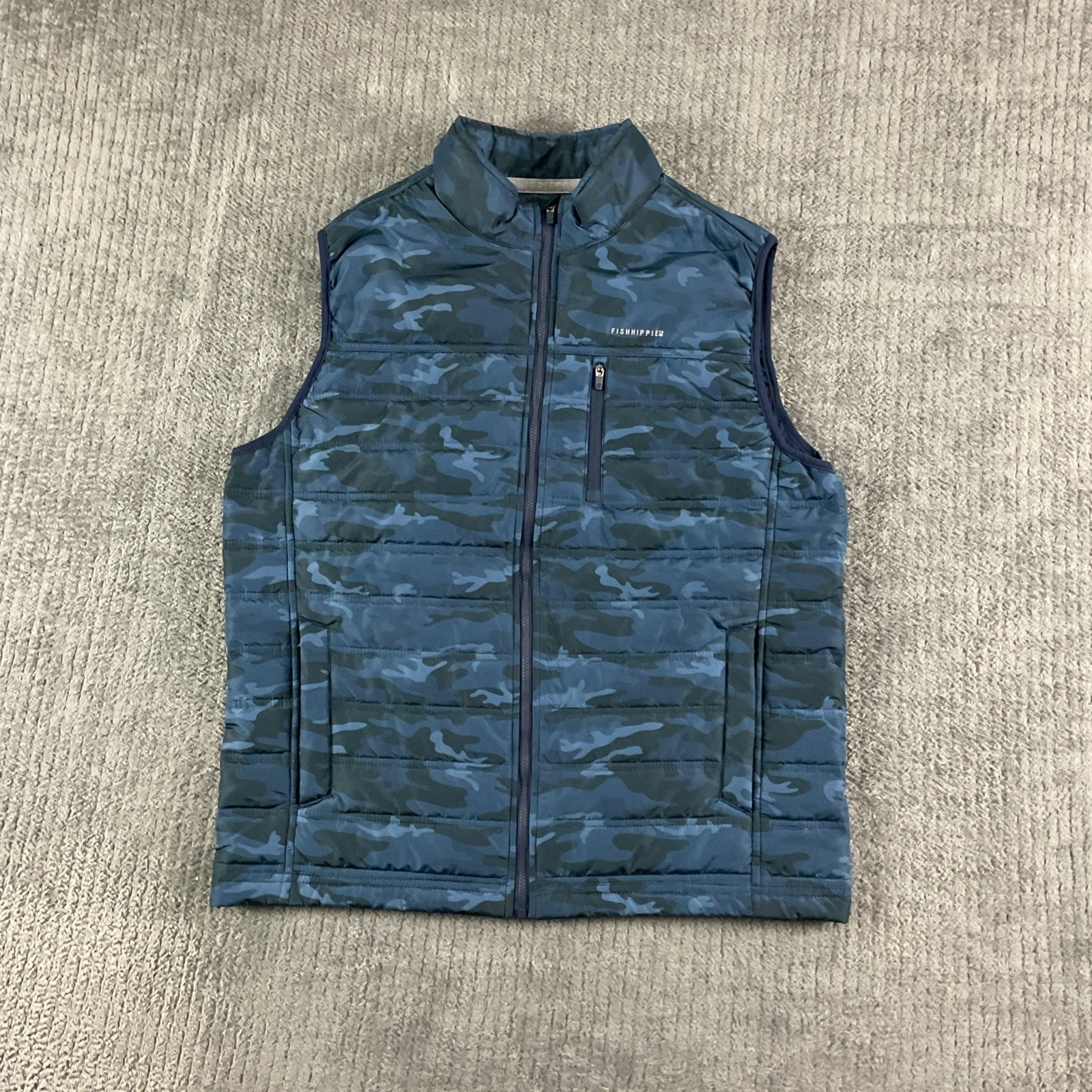Fish Hippie Vest Mens Medium Quilted Brooker Camo Blue Black Full Zip