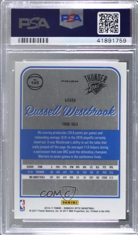 2016-17 Panini Donruss Optic Red Prizm /99 Russell Westbrook #145 PSA 10 GEM MT - Image 2 of 2
