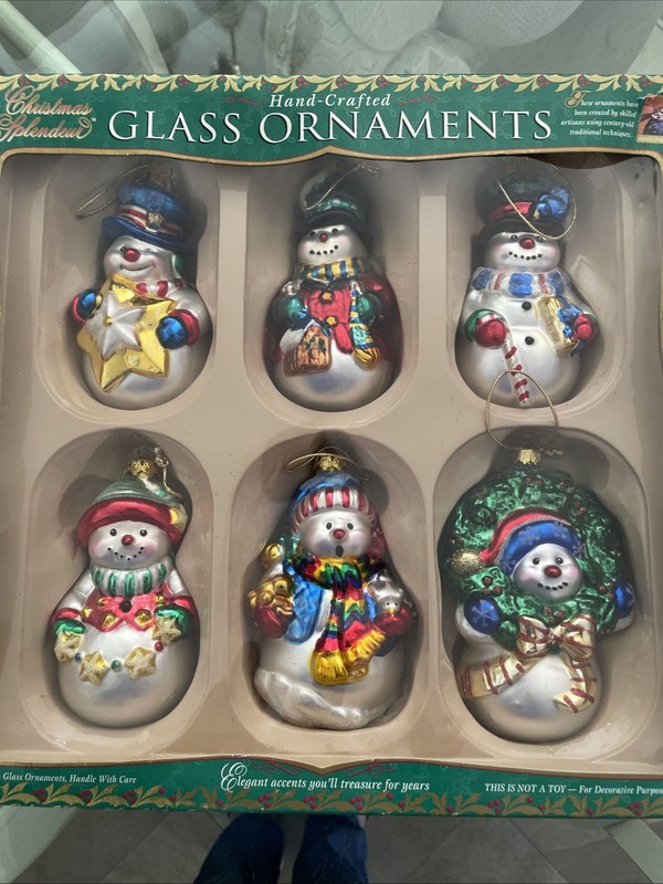 VTG Hand Crafted Glass Ornaments Lot Of 6 Snowman CHRISTMAS