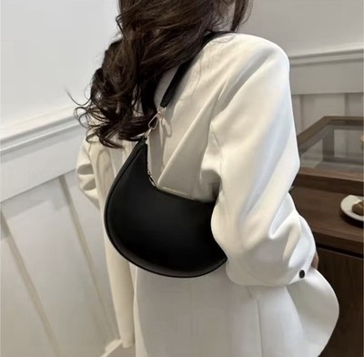 Women s Small Crescent Shoulder Bag Black Gold Zip Top Detach Strap