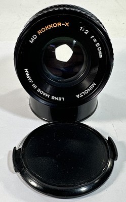 Minolta MD Mount ROKKOR-X 1:2 f= 50mm Camera Lens Japan Film Tested W/ Lens Caps