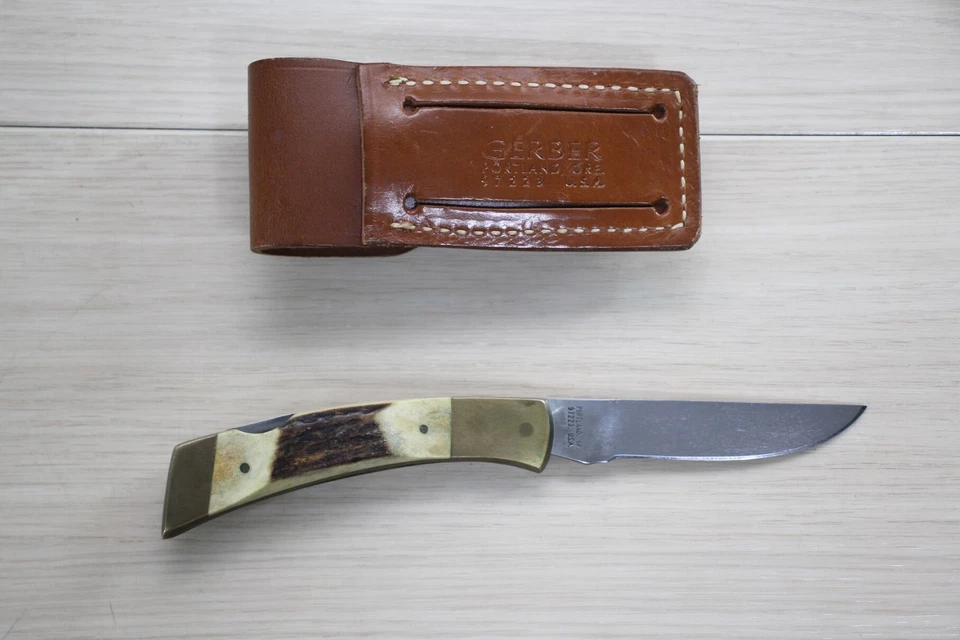 Gerber Plegable Sportsman II Ciervo Mango Modelo Temprano con Bolsa de Cuero EE. UU. E34 Foto 2 de 4