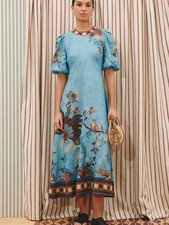 Alemais Puff Sleeve High Waist Fitted Linen Floral Dress Retro