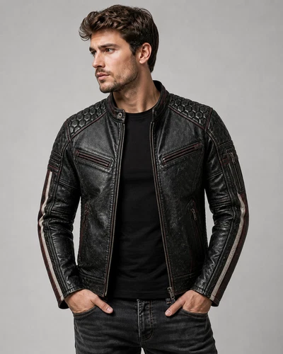 Men's Black Cafe Racer Leather Jacket - Biker Slim Fit - Vintage Designer Coat - product listing photo