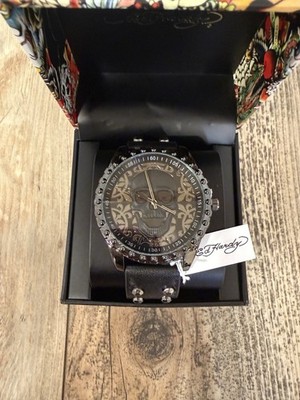 Ed Hardy Skull Quartz Watch Black Dial Studded Black Leather Strap 3 ATM w/ Box