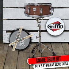 GRIFFIN 14 Snare Drum - Hickory 14x5.5 Poplar Wood Shell Percussion Kit Set