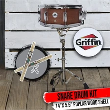 GRIFFIN 14 Snare Drum - Hickory 14x5.5 Poplar Wood Shell Percussion Kit Set