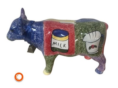 1990s Money Box Colourful Dairy Cow Ceramic Arts Crafts Hand Painted 28cm