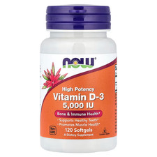 NOW Foods Vitamin D3, 5000 IU, 120 Softgel, High Potency, EXPIRY 08/2030