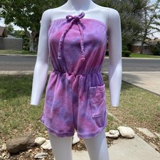 80s Wear It Out tie dye terry cloth purple strapless romper playsuit size Medium