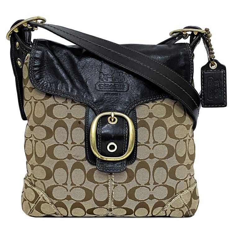 Coach Signature Flap Shoulder Bag in Beige & Black Canvas Style EC-21379 11436