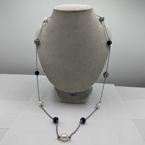 Judith Ripka Sterling Silver Pearl, Lapis & CZ Station Necklace 36" - Picture 6 of 7