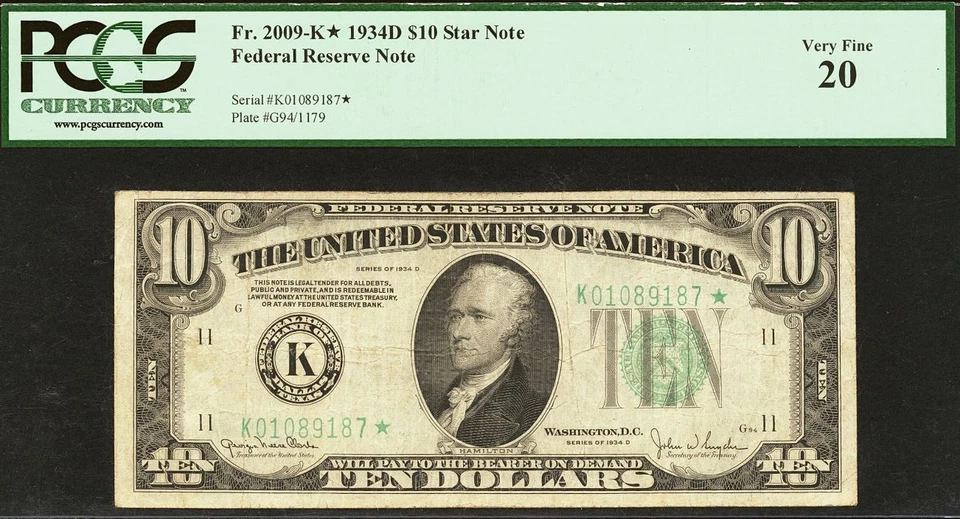1934D $10 Federal Reserve Note PCGS 20 - Rare 3 Known Dallas Star Fr 2009-K* - Image 3 of 4