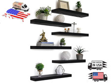 Black Wood Floating Shelves for Wall Rustic Wall Shelves for Bedroom Set of 6