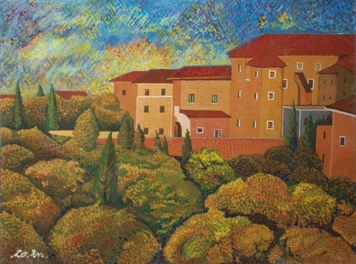ARTE NAIF COLLINA TOSCANA BORGO DIVISIONISTA olio tavola ENRICO COPETTA COEN - Picture 2 of 2