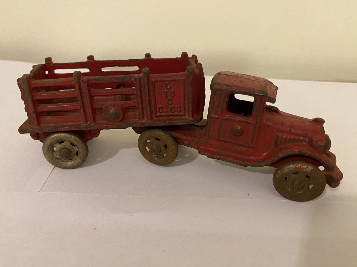 Vintage 1930 s Cast Iron Coast to Coast Stake Truck Trailer Red Original