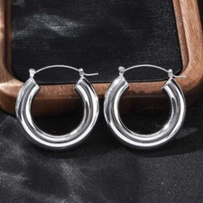 Stainless Steel Hoop Earrings Smooth Thick Chunky Circle Hollow Silver 40mm E3