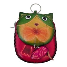 Handmade Leather Cat Kitten Fish Coin Purse Pocket Bag Keychain 5" Mouse